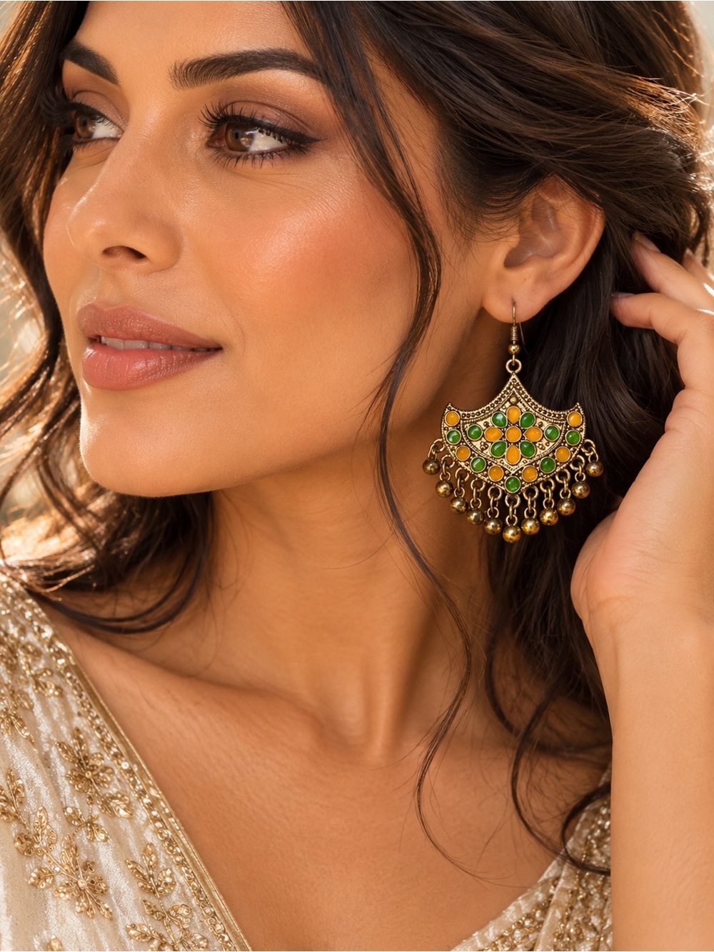 Elegant Boho Bollywood Gold Green Yellow Enamel Chandelier Earrings Statement